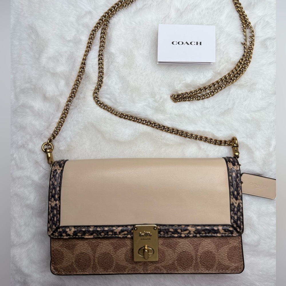 100% Authentic, new with tags Coach Cream and Tan Crossbody Bag with Gold Chain